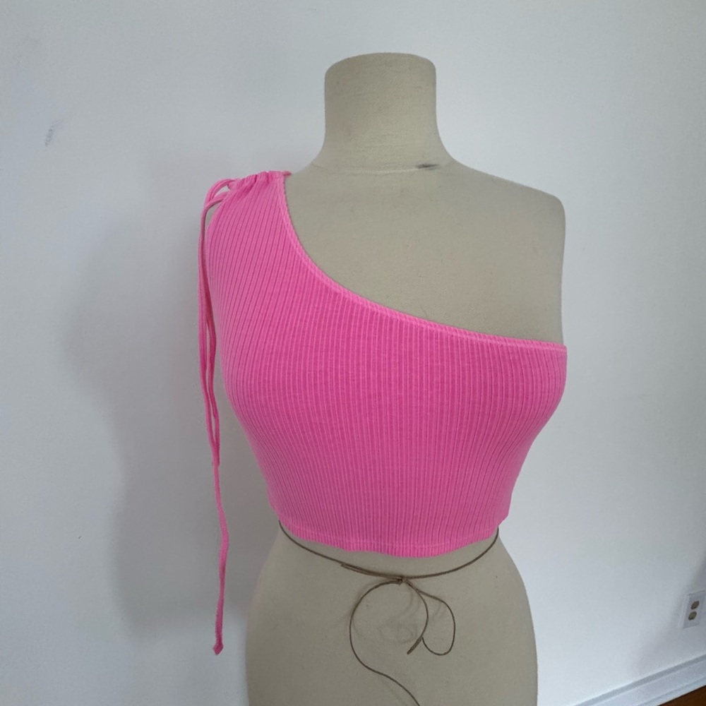 Pink One-Shoulder Ribbed Top
